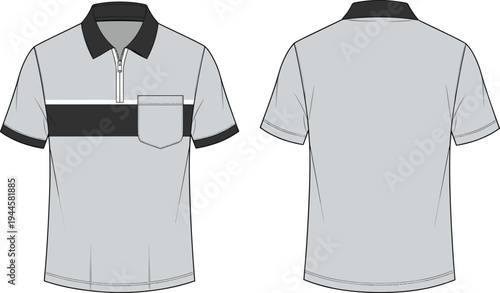 Men's Quarter Zip Polo Shirt Fashion Flat Sketch, Short Sleeve Chest Pocket Technical Drawing, Front and Back View CAD Template, Vector Illustration,