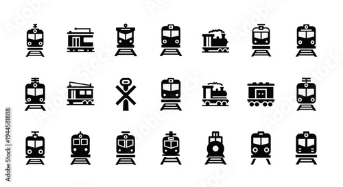Collection of diverse train and railway icons in a simple, modern, black and white graphic style