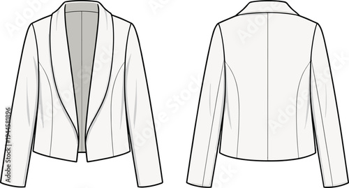 Women's tailored blazer technical fashion flat sketch showing front and back views with shawl collar long sleeves minimal clean apparel design template vector