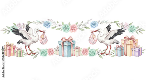 Two storks carrying babies in swaddles, surrounded by flowers and gift boxes