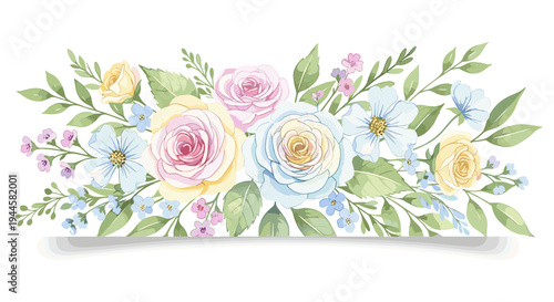 Delicate watercolor floral arrangement with roses and small blossoms in pastel colors