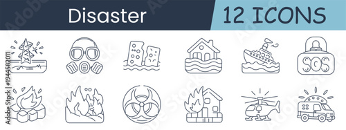 Disaster set icon. Lightning, mask, flood, house, shipwreck, sos, fire, biohazard, explosion, helicopter, ambulance, emergency, rescue, hazard, crisis, accident