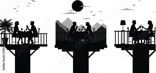 Black and white silhouettes of couples having romantic dinner on balcony with mountain landscape and city view for date night and relationship concept.