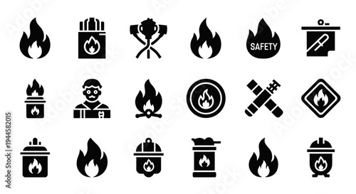 Collection of fire and safety related icons, including flames, torches, and warning symbols