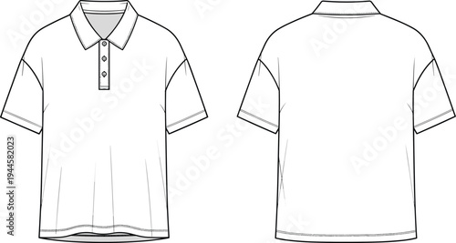 Men's Oversized Polo Shirt Fashion Flat Sketch, Short Sleeve Collar Neck Tee, Front and Back View Technical Drawing, Vector Illustration CAD