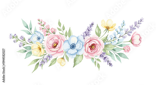 Delicate watercolor floral arrangement with soft pink, blue, and yellow blossoms