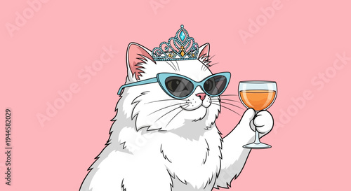 Glamorous White Cat Wearing a Regal Crown and Fashionable Sunglasses, Raising a Glass in Celebration