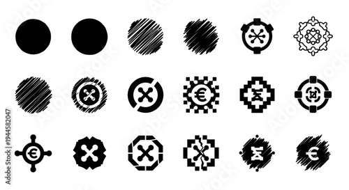 Collection of abstract black icons and symbols on a white background