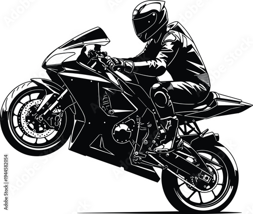 Silhouette of motorcyclist performing wheelie stunt on sport bike, wearing protective gear, symbolizing speed, control, thrill, and high-performance motorcycling action