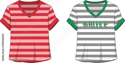 Women's Striped V-Neck T-Shirt Fashion Flat Sketch, Short Sleeve Tee with Smile Graphic, Technical Vector Illustration, CAD Drawing Template