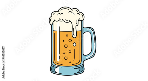 Vibrant Hand-Drawn Illustration of a Foamy Golden Beer Mug, Perfect for Refreshment and Celebration Concepts