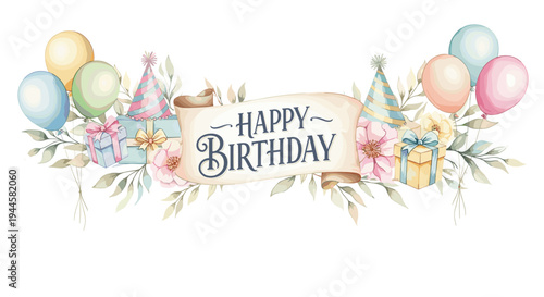 Watercolor happy birthday banner with balloons, gifts, party hats, and flowers