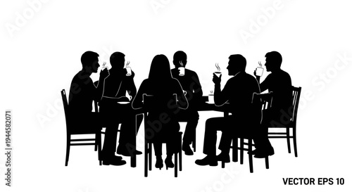 Silhouette of a group of people sitting around a table, enjoying drinks together