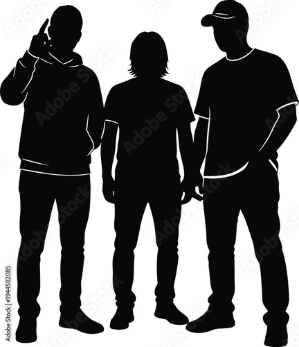 Silhouette of Three Men in Casual Streetwear, Group of Friends Standing Together, Vector Illustration of People in Hoodie and Cap,