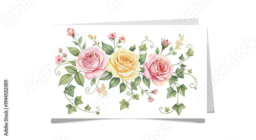 Elegant floral arrangement of pink and yellow roses with ivy on a white background