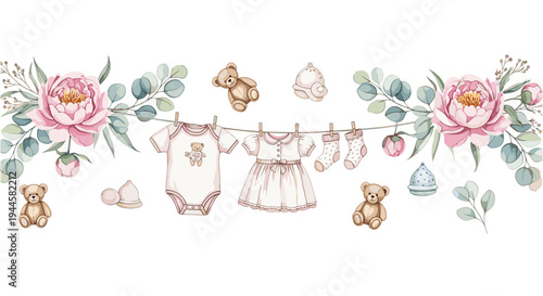 Baby clothes and teddy bears hanging on a clothesline with pink peonies and eucalyptus leaves