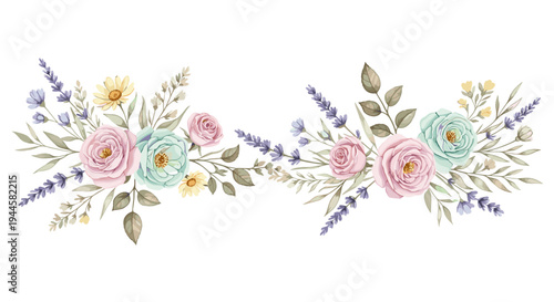 Delicate watercolor floral arrangement with roses and lavender on a white background