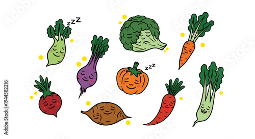 Whimsical cartoon vegetables enjoying a nap, promoting healthy lifestyle and fresh produce with a playful design