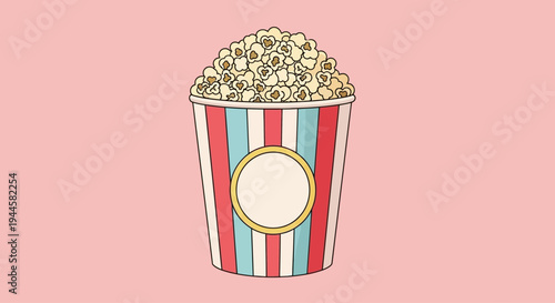 Vibrant illustration of a classic striped popcorn tub overflowing with crunchy kernels, symbolizing movie nights and casual entertainment