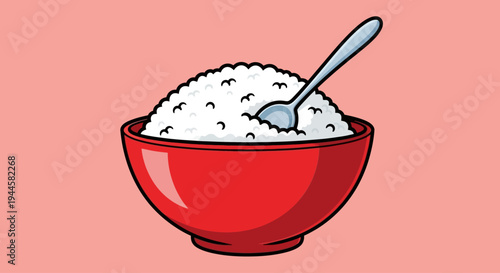 Simple graphic illustration of a red bowl filled with white crystalline or granular ingredient, featuring a silver spoon, perfect for culinary or kitchen concepts