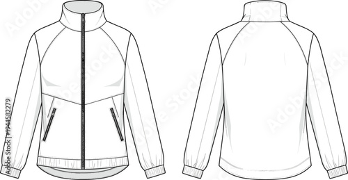 Cad Drawing Flat Vector Illustration Of A Women Zip Up Track Jacket Front And Back View Technical Fashion Sketch Template.