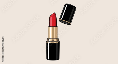 Vibrant Red Lipstick Illustration with Cap Off, a Classic Beauty Essential for Makeup and Cosmetic Designs