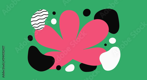Playful Contemporary Abstract Illustration with Organic Pink and Black Shapes on a Vibrant Green Background, embodying modern graphic design aesthetics