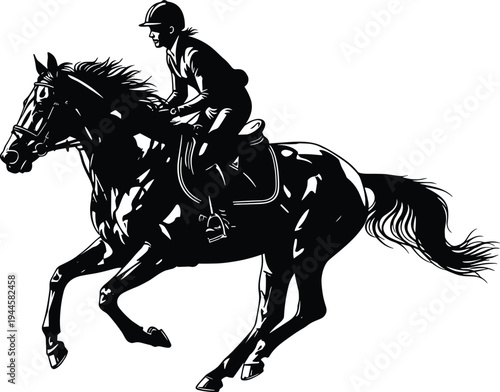 Silhouette of person riding horse in galloping motion, wearing helmet and holding reins, symbolizing equestrian sports, outdoor recreation, and dynamic movement