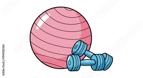 Dynamic pink exercise ball paired with blue dumbbells, vital fitness equipment for a comprehensive home workout, promoting strength, flexibility, and overall wellness routines