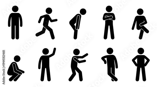 A set of black stick figures depicting different human poses and movements on a plain white background, conveying emotions and actions in a simple graphic style.