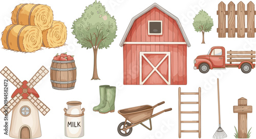 Farm and agriculture elements vector set with barn, hay bales, windmill, truck, tools, milk can, trees and rural countryside objects