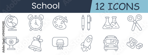 School set icon. Globe, clock, palette, pen, flask, scissors, trophy, bell, hoop, rocket, bus, eraser, education, classroom, learning, student