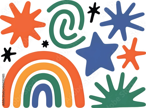A collection of abstract geometric shapes including stars, a rainbow, and spiral forms creates a vibrant, modern design element for art projects.