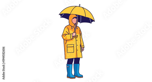 Person wearing a yellow raincoat and blue boots, holding an umbrella, ready for rainy weather and outdoor activities