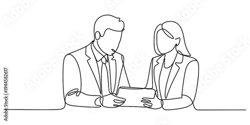 Continuous Line Art of Business Professionals Collaborating on Tablet