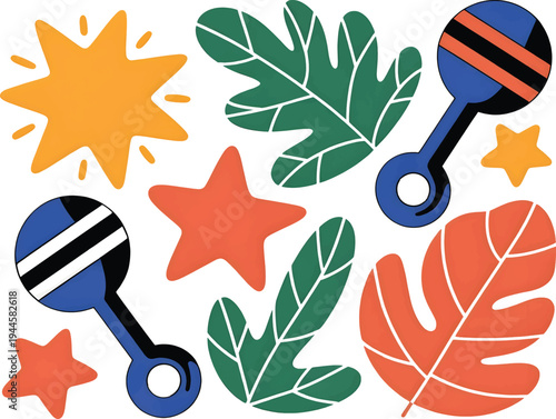 Assorted colorful baby rattle toys and tropical leaf shapes are arranged in a playful pattern on a white background for nursery decor.