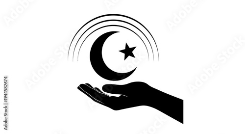 A hand holding a crescent moon and star with concentric arcs symbolizing faith, spirituality, and celestial connection