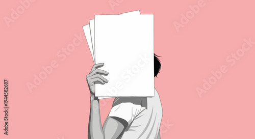Person Holding Up Blank Papers Covering Their Face Against A Pink Background