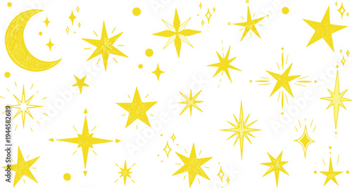 Golden star and crescent moon sparkle vector set with hand drawn celestial elements for festive, magical and decorative designs