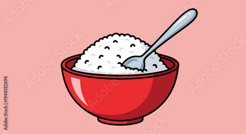 Simple Red Bowl Filled with White Rice and Spoon, Healthy Grain Food Illustration