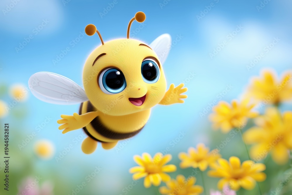 Fototapeta premium Cartoon bee character with large eyes and smiling expression flying above vibrant yellow flowers in a colorful garden setting under a bright blue sky