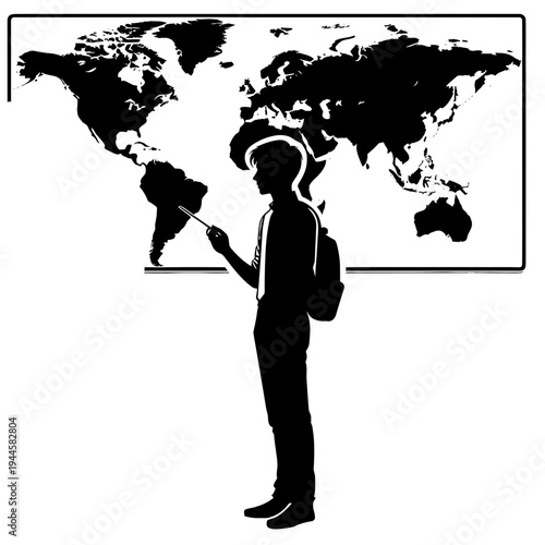 Student exploring world map with backpack and phone, adventure silhouette