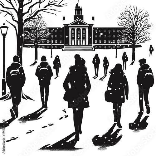 Students walking in snow toward campus building