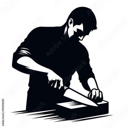 Man sharpening knife on wooden block