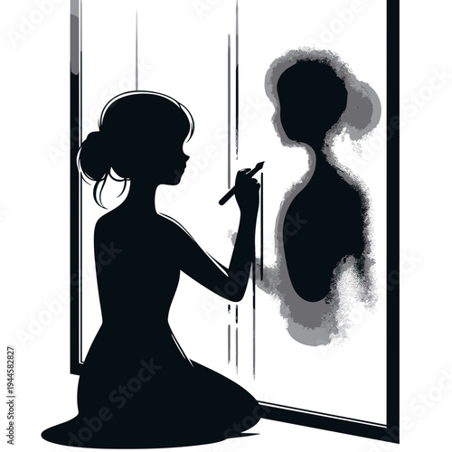 Silhouette woman drawing shadowy reflection on glass door