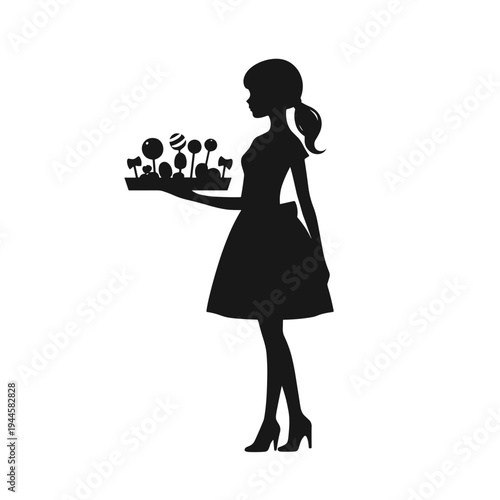Woman holding tray of cakes with decorative toppers