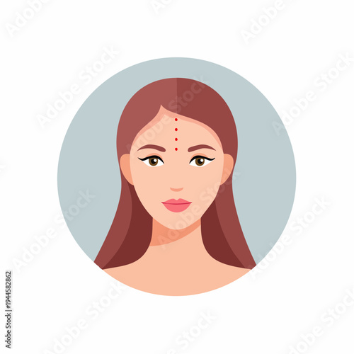 Woman with dots on forehead, beauty mark, cosmetic or religious symbol concept