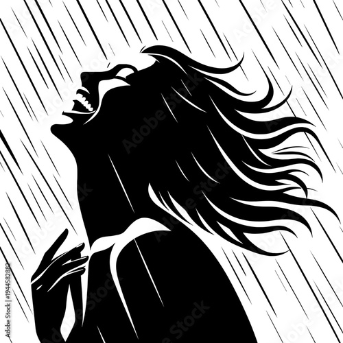 Woman with flowing hair singing in heavy rain