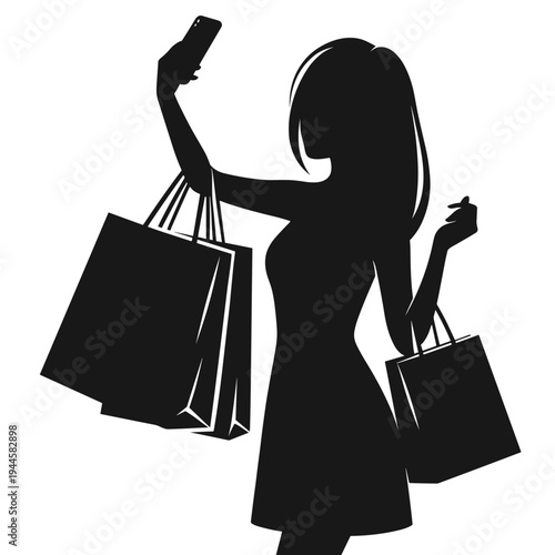 Silhouette woman shopping taking selfie with shopping bags