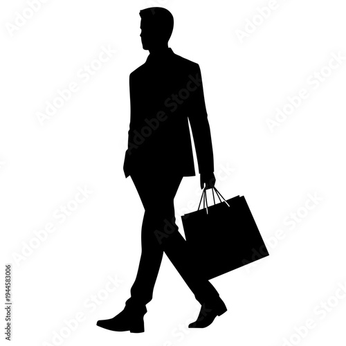 Silhouette man walking with shopping bags in neutral background